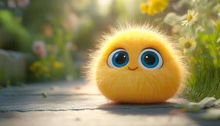 Yellow fuzzy ball with big blue eyes and a small goofy smile sitting on the sidewalk.の素材