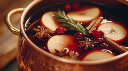 Cooking traditional drink for Christmas. Mulled wine preparations. Close-up.の素材