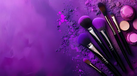 Make-up background is textured with subtle gradients and abstract brushstrokes.The primary palette is centered on deep purple.の素材