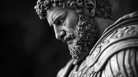 A statue of the Roman emperor Maxentius, with curly hair and beard, wearing ancient Roman armor. The background is a blurred black and white.の素材