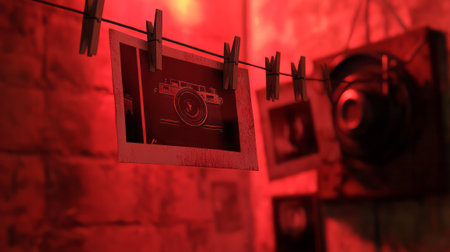 Cinematic darkroom with a warm red glow. Vintage camera.の素材