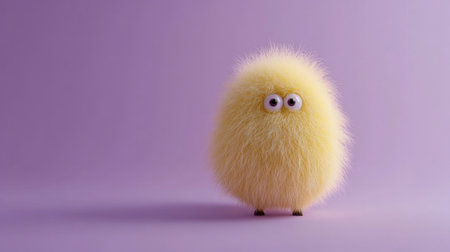 Yellow fluffy funny animal with a small head, Yeti isolated on a purple background.の素材