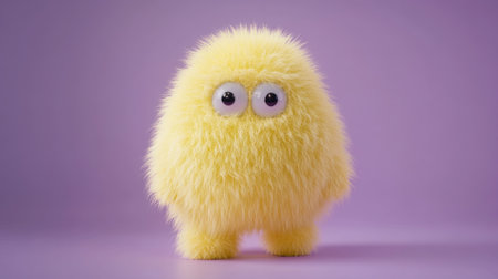 Yellow fluffy funny animal with a small head, Yeti isolated on a purple background.の素材