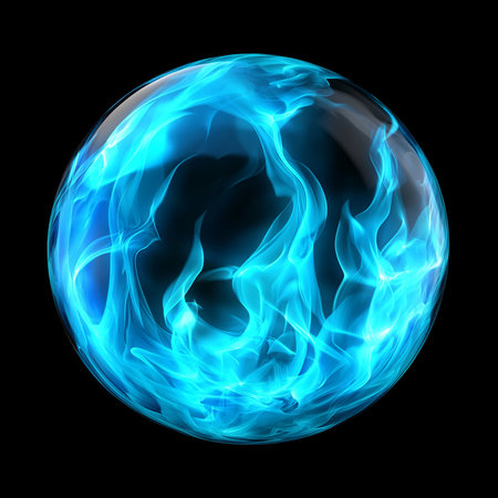 Blue flame sphere isolated on a black background.の素材