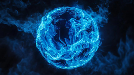 Blue flame sphere isolated on a black background.の素材