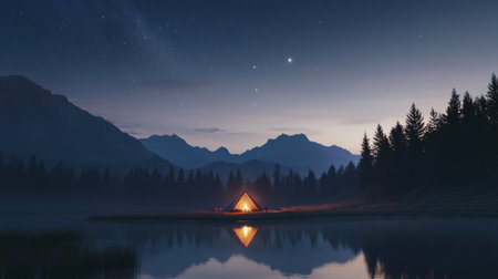 Beautiful night nature with fog, comfortable backpacking and camping scenery with bonfires and tents in mountains and valley lakes in deep forests, and wood fires burning in an emotional atmosphere.の素材