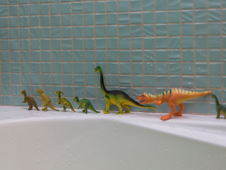 a lot of different toy dinosaurs at the bathroom.の写真素材