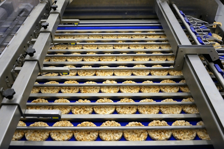 sorting of round dietary loaves on the conveyor automated machineの写真素材