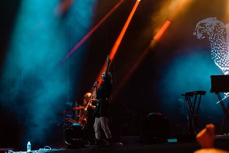 Dnepr, Ukraine - 4 August, 2019: Kadebostany band in music concert bezviz festival in Dnipro, horizontal  vocalist and guitaristのeditorial素材