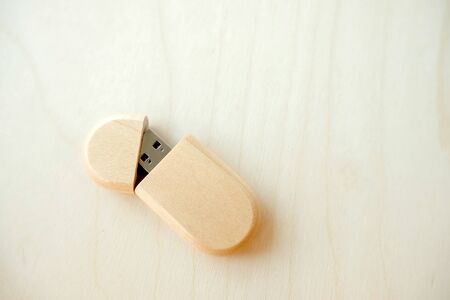 one wooden brown usb flash drive, wooden packaging. data storage, beautiful return of a photo to the client, for photographer, presentable  photoの写真素材