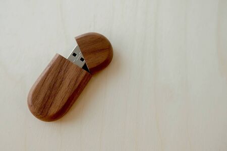 one wooden brown usb flash drive, wooden packaging. data storage, beautiful return of a photo to the client, for photographer, presentable  photoの写真素材