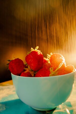 red juicy ripe strawberries in a blue vase on a black background. Drops of water, warm sunshine, back light, vertical
の写真素材