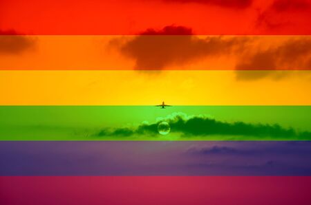 The aircraft in the sky at sunrise, LGBT natural pattern, Vintage texture background, Abstract paintingの写真素材