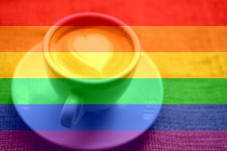 one white cup with coffee heart stands on a windowsill on burlap fabric, loneliness. LGBT natural pattern, Vintage texture background, Abstract paintingの写真素材