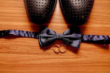 wedding morning, groom's set - shoes, rings, butterflyの写真素材