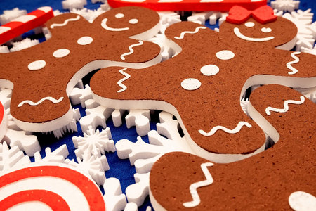 a lot of white foam snowflakes, candy lollipop, gingerbread people Christmas decor for home, office,...