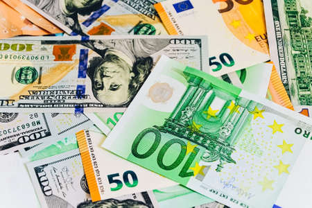 Paper banknotes of Euro 50 and 100. Cash close-up, color background of money view from above.の写真素材