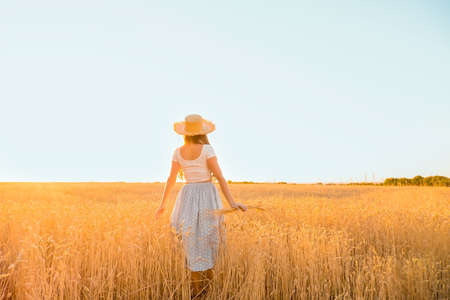 slender beautiful girl dancing in the field, back view. golden ears of wheat on blue sky background, harvest season, crops, horizontal imageの写真素材