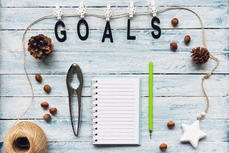 GOALS word and to do list on a blue and white wooden background. Top view, flat lay, mockup. Winter, Christmas and New Year celebration to do list concept.の写真素材