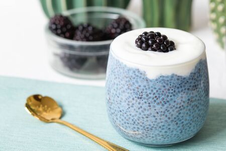 Overnight blue spirulina or blue matcha powder chia seed pudding with yogurt and fresh blackberries in a glass with a spoon. Superfood and vegan food concept. Copy space, ingredients in the backgroundの写真素材