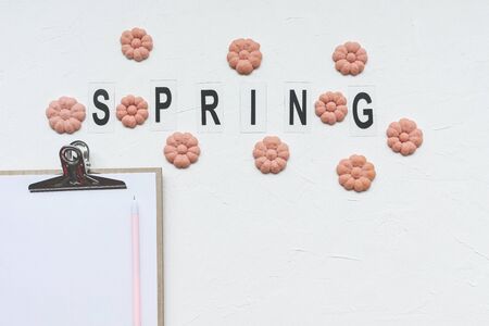 SPRING word and flower cookies on a white background. Spring holidays concept.