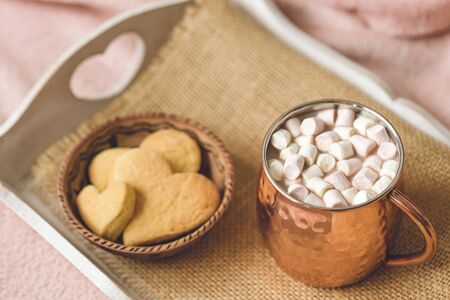 Cocoa on and heart cookies, Valentines Day templateの写真素材