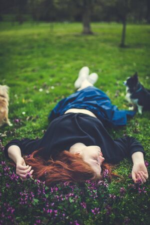 Beautiful redhead young woman lying on the grass, touching flowers, dogs at her sides. Outdoor portrait.の写真素材