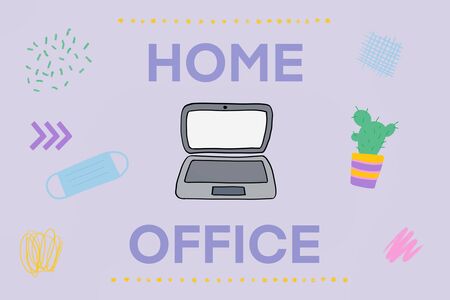 HOME OFFICE background. Mask and laptop on purple .Coronavirus outbreake work at home conceptの写真素材