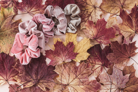 Pink and brown velvet scrunchies and autumn red and yellow maple leaves background. Trendy accessories from 80s and 90s. Flatlay, top view. Hairstyle, outfit ideas for fall concept, copy spaceの写真素材