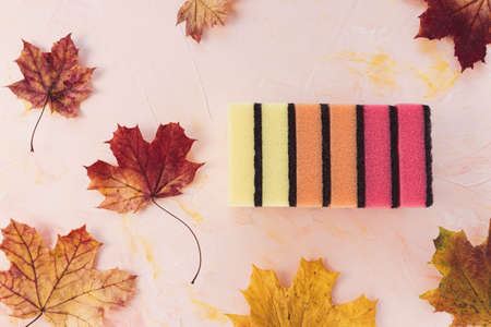 New yellow, orange and red sponges for dishwashing on pink with autumn maple leaves abstract background. Domestic household and cleaning in fall season concept. Close up, copy spaceの写真素材