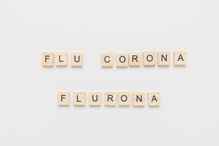 Text Flu Corona Flurona on white background. COVID and flu double infection. First combination of two viruses, respiratory coinfections conceptの写真素材