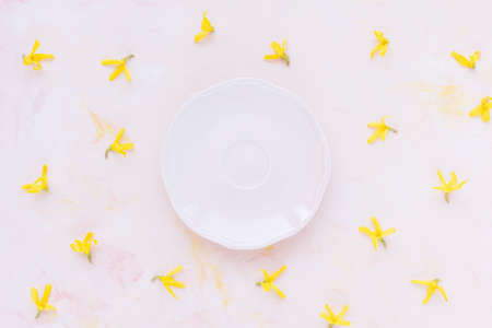 Empty small plate on pastel pink and fresh spring or summer yellow flowers, minimalistic background. tea party, drinking coffee or dessert recipe concept. Top view, flat lay, copy spaceの写真素材