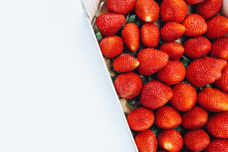 Fresh harvested strawberries in box container on white background. Concept of spring fruits and berries and healthy eating vegan food. Closeup, selective focus, copy spaceの写真素材