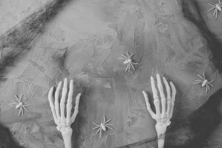 Mystery Halloween flat lay with monster skeleton hands, black spider cob web and white spiders, dark gray background. Happy Halloween banner mock-up. Top view, copy spaceの写真素材