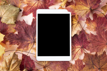 Digital tablet mock-up and autumn leaves, pink background. Online shopping, studying, sales mockup....