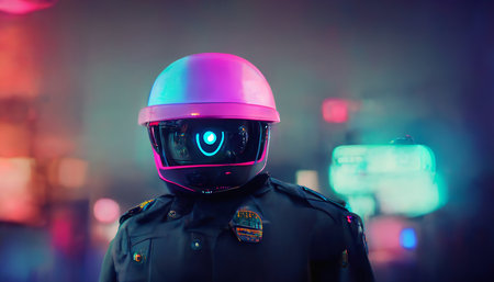 Futuristic neon city night scene with robot policeman. Neural network generated art. Digitally generated image. Closeup, copy spaceの素材