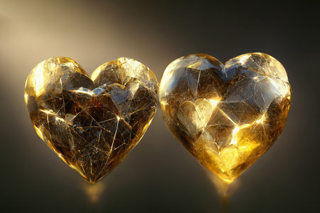 Two shining gold crystal hearts on gray blur background. Neural network generated art. Digitally generated image. Copy spaceの素材
