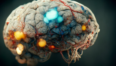 Creative futuristic brain with glowing neuron cells. Neural network generated art. Digitally generated imageの素材