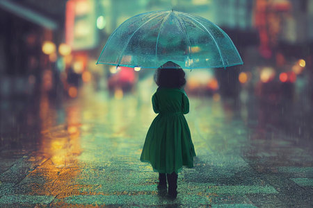 Little girl in green dress under umbrella in rain, night city lights. View from behind, blur bokeh, defocused background. Neural network generated art. Digitally generated image. Copy spaceの素材