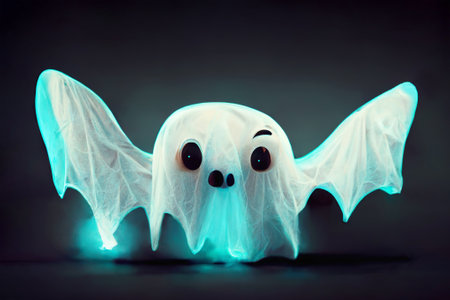 Cute Halloween cartoon ghosts flying. Neural network art. Digitally generated image. Copy spaceの素材