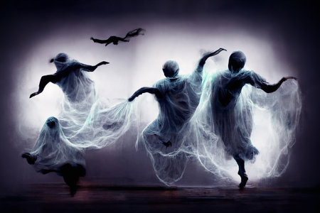 Scary Halloween ghosts flying and dancing. Neural network generated art. Digitally generated image. Copy spaceの素材