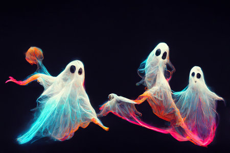 Neon cartoon Halloween ghosts flying and dancing on street with neon lights. Neural network generated art. Digitally generated image. Copy spaceの素材