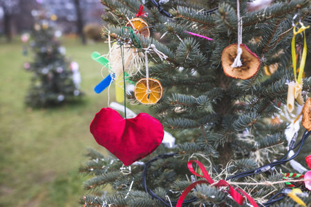 Handmade Christmas decoration ideas for children. DIY red stuffed fabric heart, dried apple and...