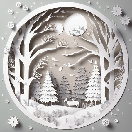 Winter snow forest landscape. Paper cut white on gray decoration. Trees, moon and deer in woods. 3D illustrationの写真素材
