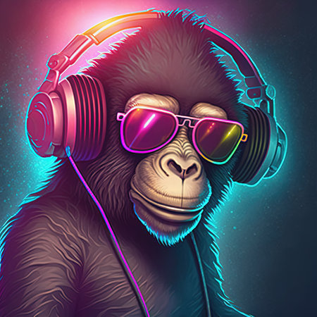 Young DJ monkey, disc jockey monkey in cool sunglasses and headphones listening music. Pop art style in neon colors. 3D illustrationの写真素材