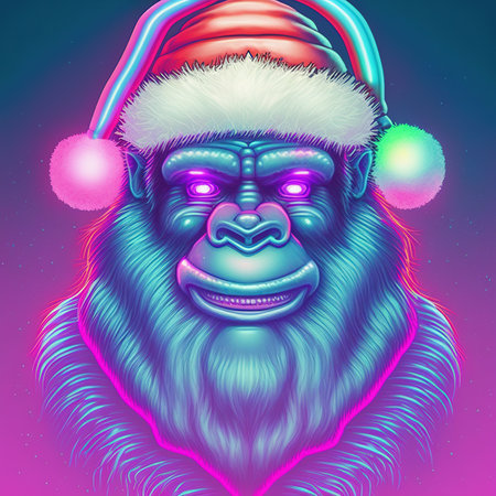 Gorilla Santa Claus with glowing eyes, front view. Christmas night club party poster. Pop art style in trendy pastel neon colors. 3D illustrationの写真素材