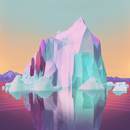 Upper and lower part of iceberg in ocean design. Cool poster with neon iceberg. Pop art style in pastel and neon vivid colors. Generative AI. Not based on any actual sceneの写真素材