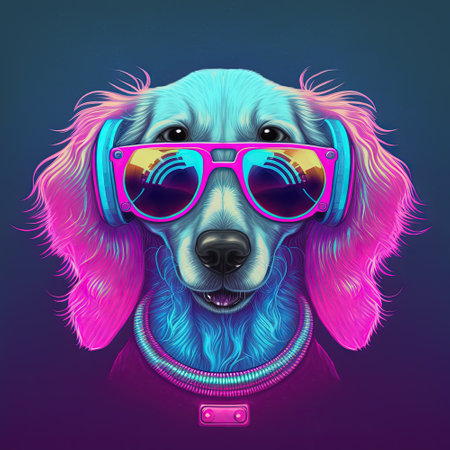 Young cool party dog in sunglasses. Pop art style in neon colors. Generative AI. Not based on any actual sceneの写真素材