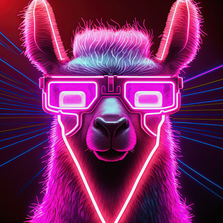 Young cool party llama in pink sunglasses. Pop art style in purple neon colors. Generative AI. Not based on any actual sceneの写真素材