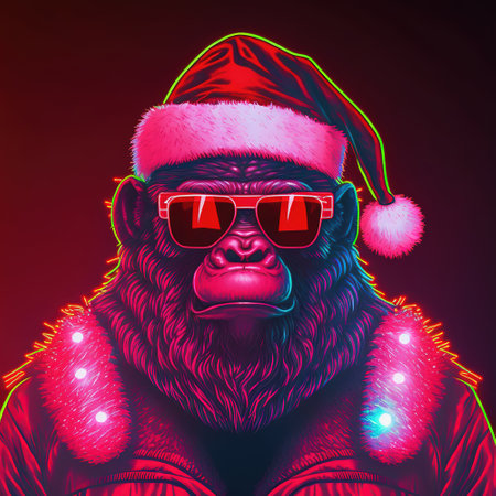 Gorilla Santa Claus in sunglasses, front view. Glowing Christmas night club party poster. Pop art...